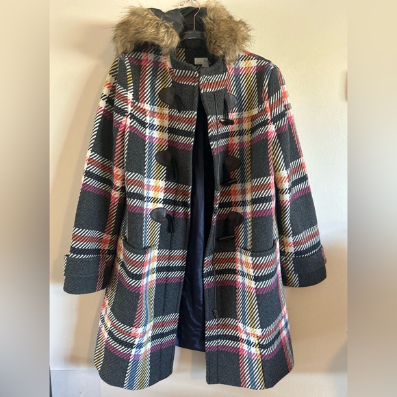Boden T0047 Plaid Wool Duffle Coat w/ Faux Fur Hood Size 12 - Picture 1 of 12